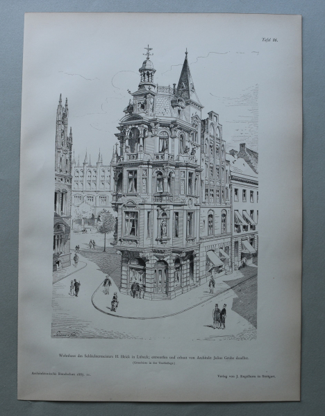 Wood Engraving Architecture Lübeck 1887 residential house pig killer